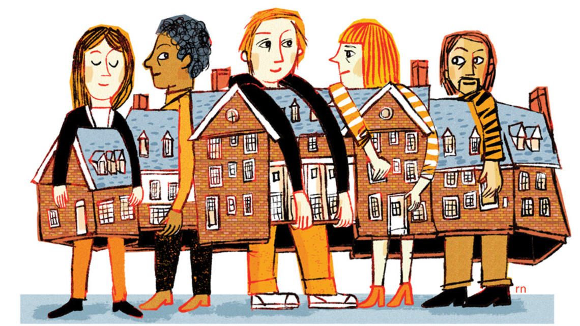 Illustration of Forbes Hall being held up by many students