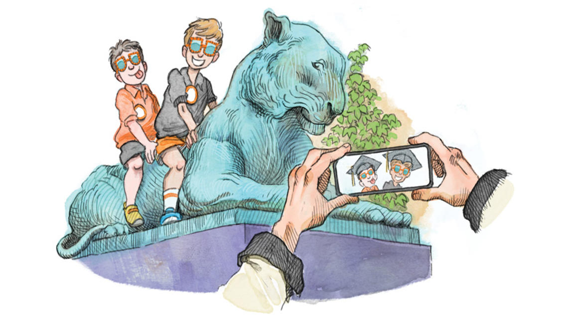 RG_Kids Essay.jpg Illustration of two young boys sitting on the Princeton Tiger statue's and having their picture taken