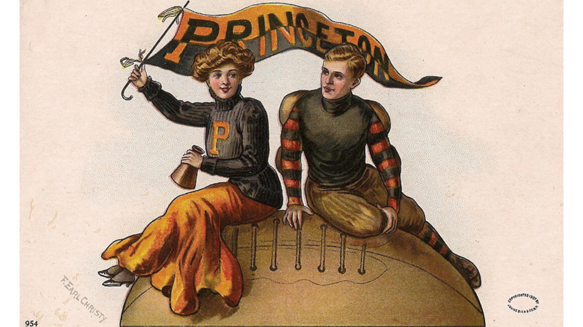 RG_The Wayback Machine.jpg old Princeton postcard featuring a woman and man sitting on a football in Princeton gear with a Princeton flag