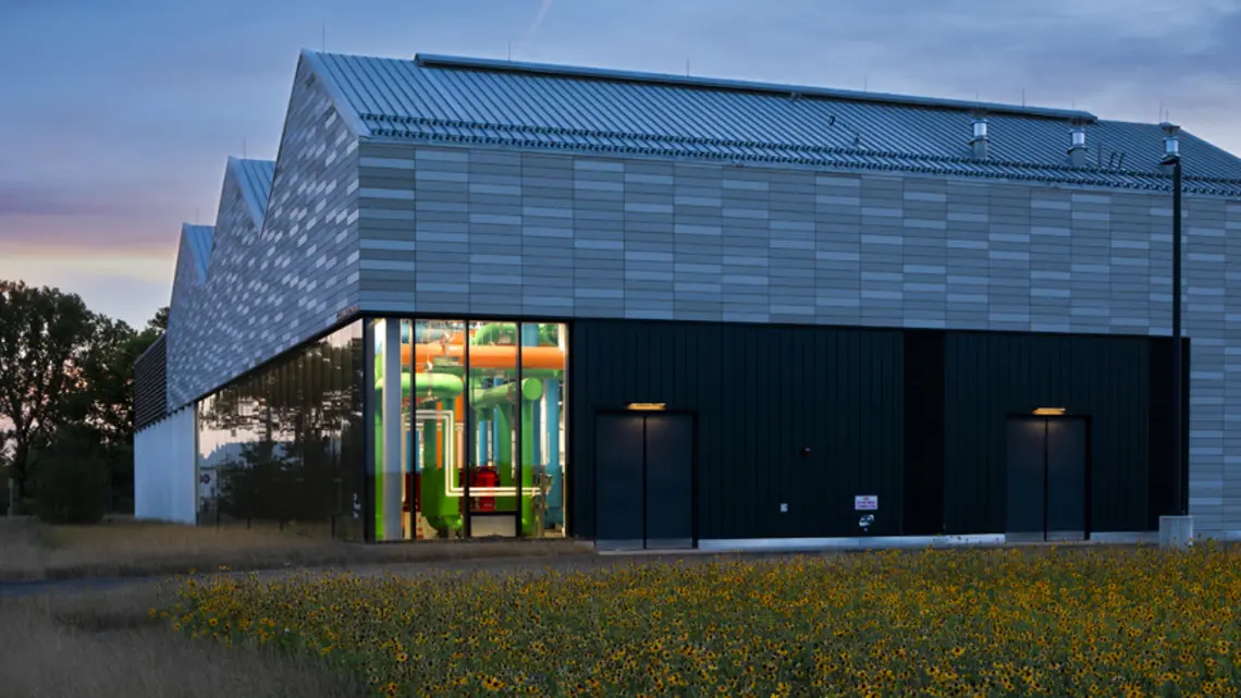 The CUB (central utility building) is a single-story structure with geo-exchange(Link downloads document) facilities to deliver thermal energy for buildings at the new Meadows Neighborhood.