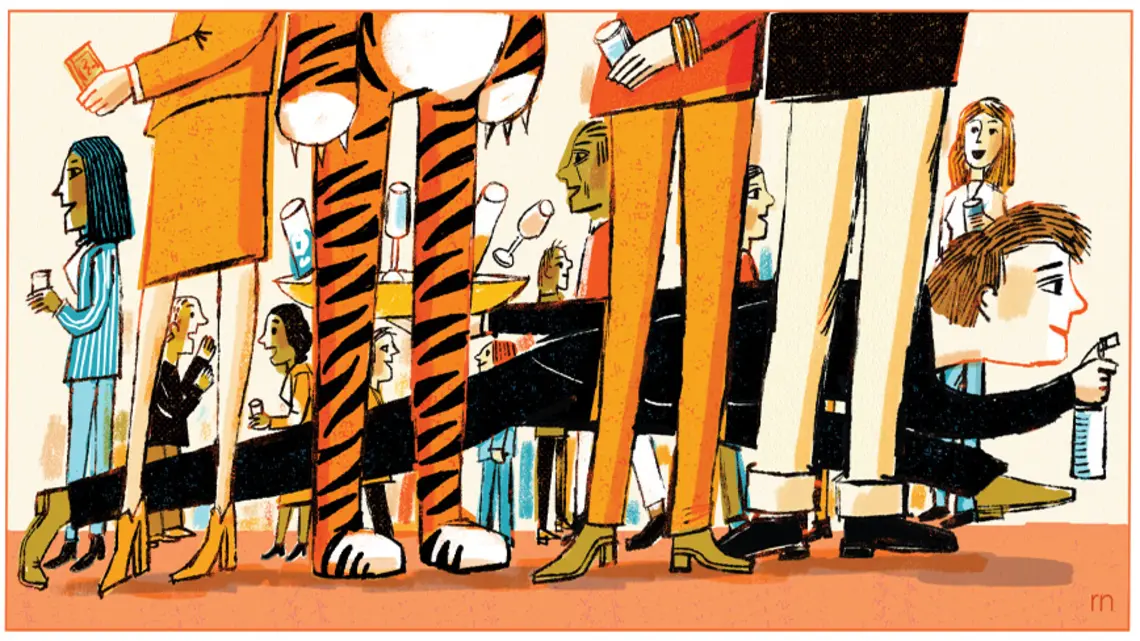 Illustration of a student with a psary botle full of cleaniong solution sneaks througha crowd or alumni at Reunions