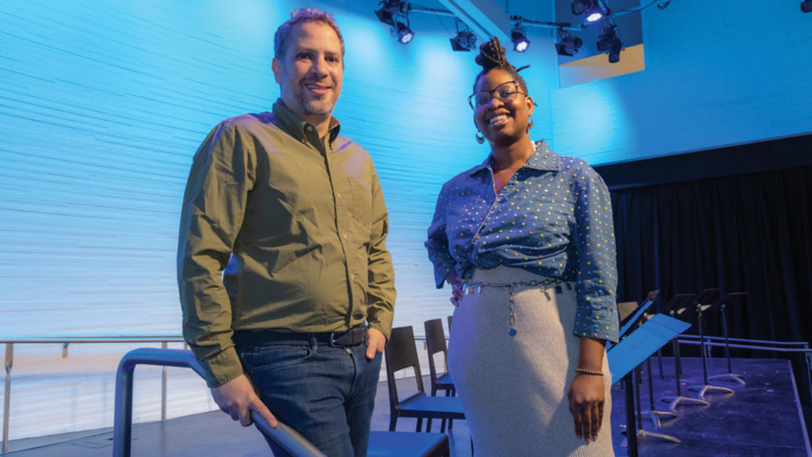 Kareem Fahmy, left, and AriDy Nox take center stage to share details of their environmental works-in-progress on April 21 at the Lewis Center.
