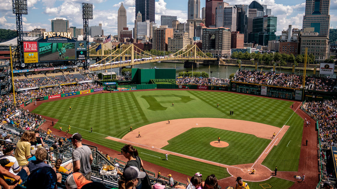 PNC-Park-joshua-peacock-unsplash.jpg Areal view of PNC Park where the field is in the center and the city buildings are visible in the background.