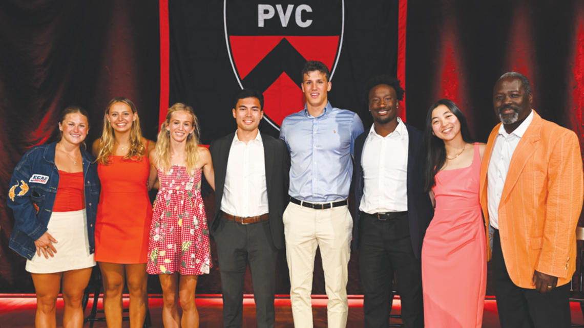 from left: Coene ’25, Seltzer ’25, Scatchard ’25, Rosini ’25, Pozaric ’25, Mudashiru ’25, Zhao ’25, and John Mack ’00