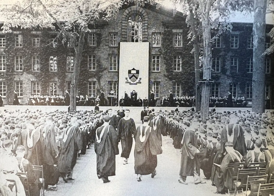1949Commencement.jpg A black-and-white photo of commencement in front of Nassau Hall.