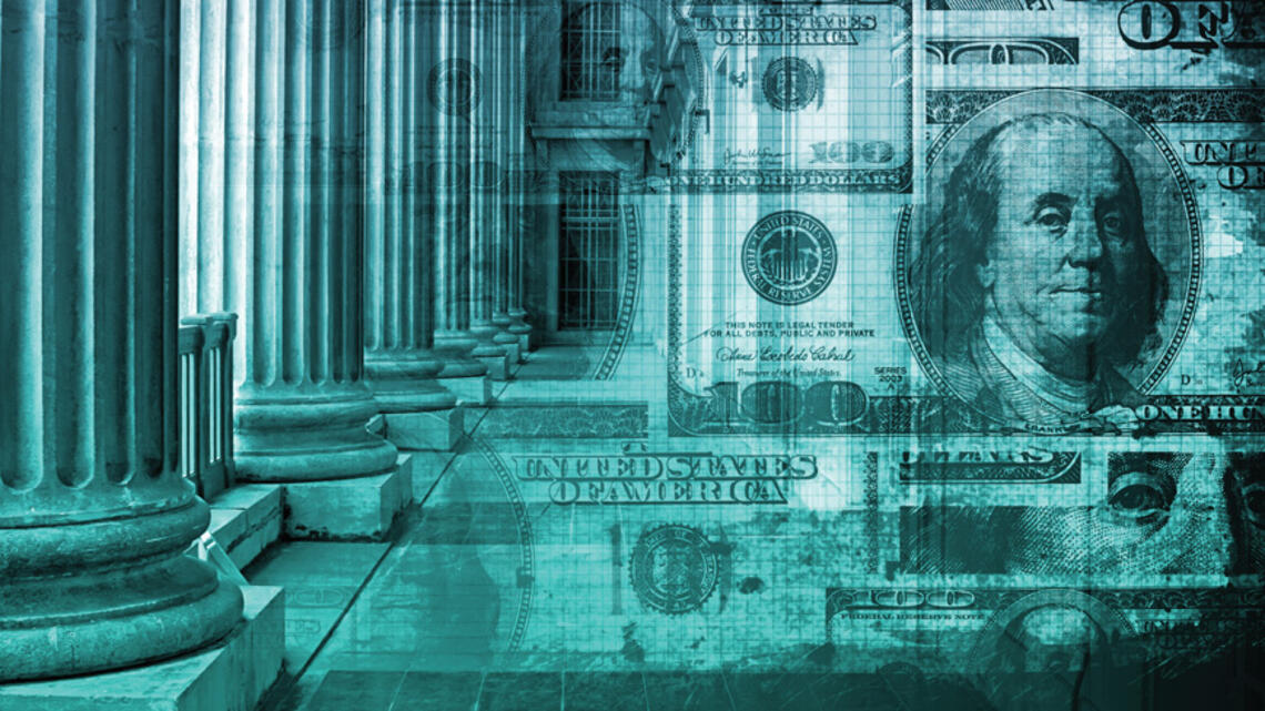 Photo illustration of a hallway with white Greek columns along the left side, with $100 bills superimposed over the right side. A blue-green wash goes over the whole illustration.