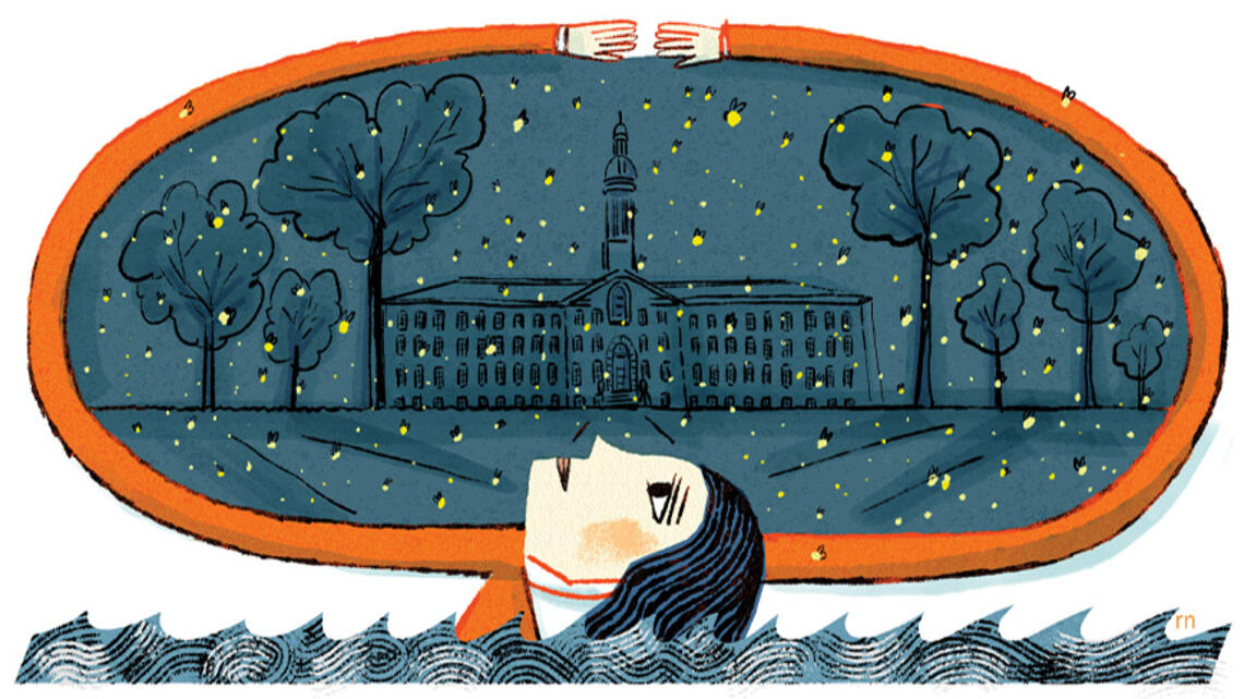 OTC_Student Dispatch Fireflies.jpg Illustration of a student laying on Nassau Hall grass staring up at fireflies