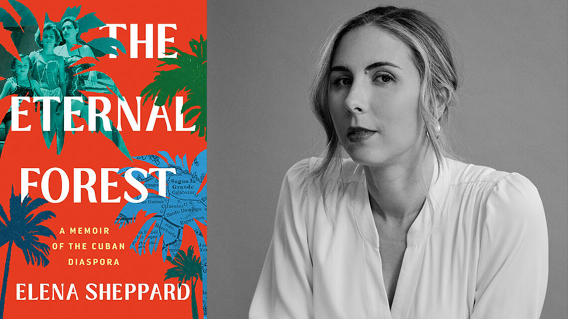 ThreeBooks_ElenaSheppard_web.jpg Elena Sheppard ’09 and the cover of her book, The Eternal Forest, illustrated with blue and green palm trees on an orange background.
