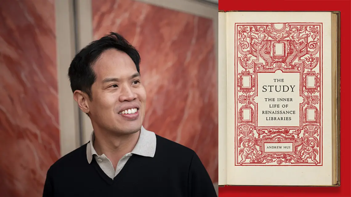 Andew Hui and the red-and-white cover of his book.