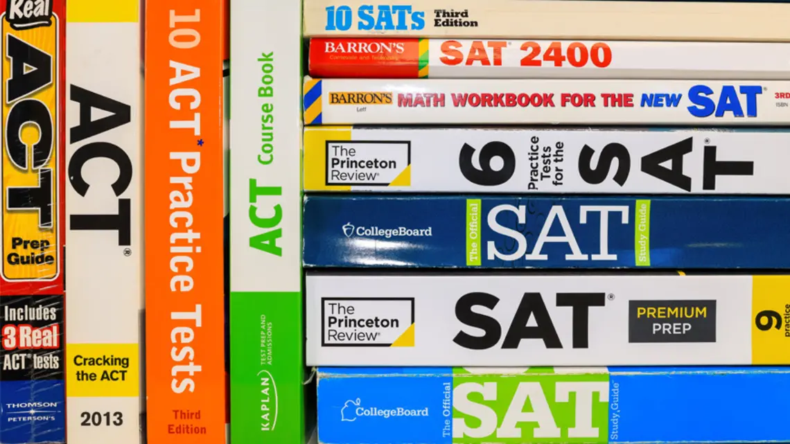 Test Prep Books.jpg Stack of colorful SAT and ACT test prep books