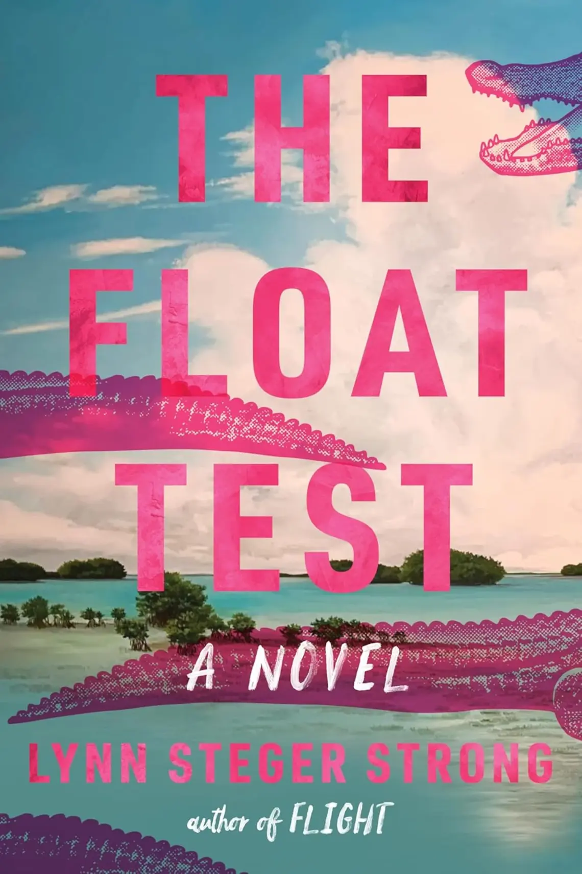 The-Float-Test_Lynn-Steger-Strong.jpg Blue skies and clouds at top and an ocean and island with trees visible in the distance. Pink Alligator tails stick out on the corners.