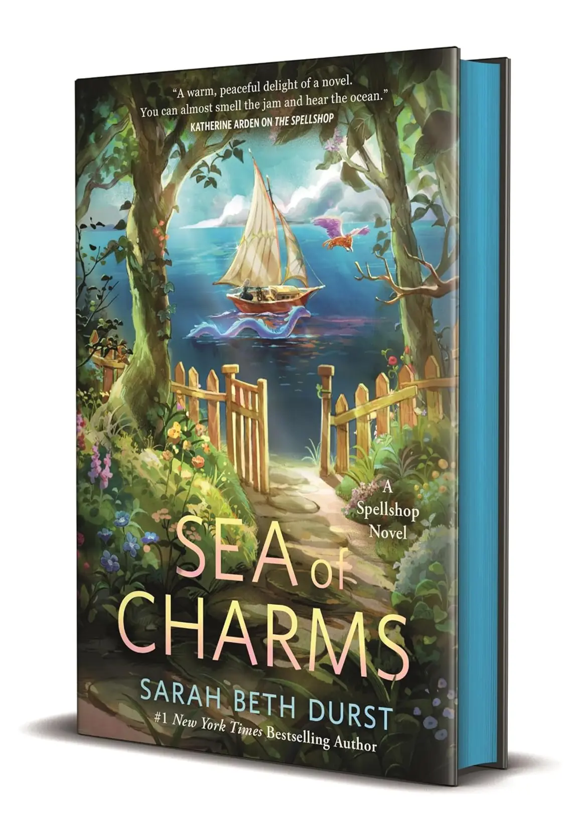 A path with flowers, trees and a wooden fence leading to the water with a ship and sea serpent in the foreground