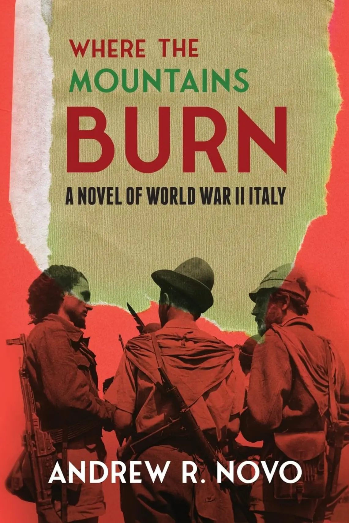 Where-the-Mountains-Burn_Andrew-Novo.jpg Red and brown cover with three met standing together talking to one another