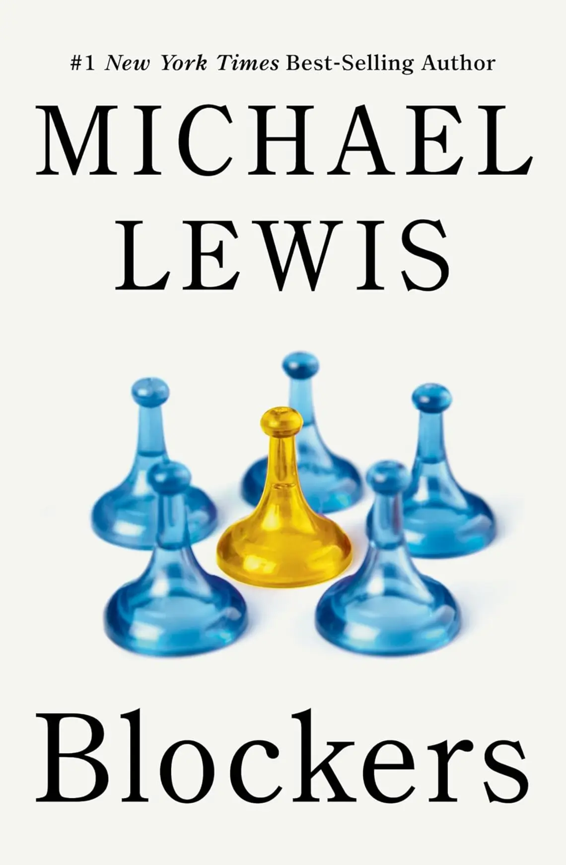 Four blue game pieces surround a yellow game piece in the center of the book. The author's name is up top and title of the book is on the bottom. 