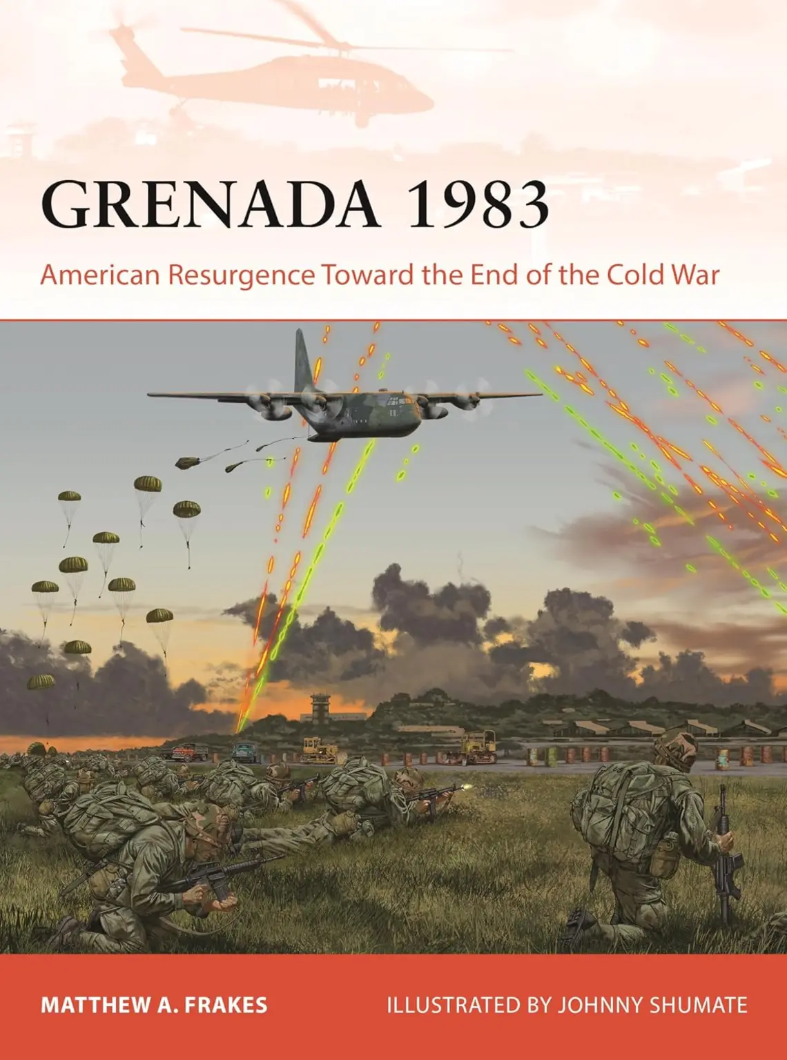 Grenada-1983_Matthew-Frakes.jpg Illustration of a war scene with a fighter plane overhead and armed soldiers in camouflage seen in the grass.