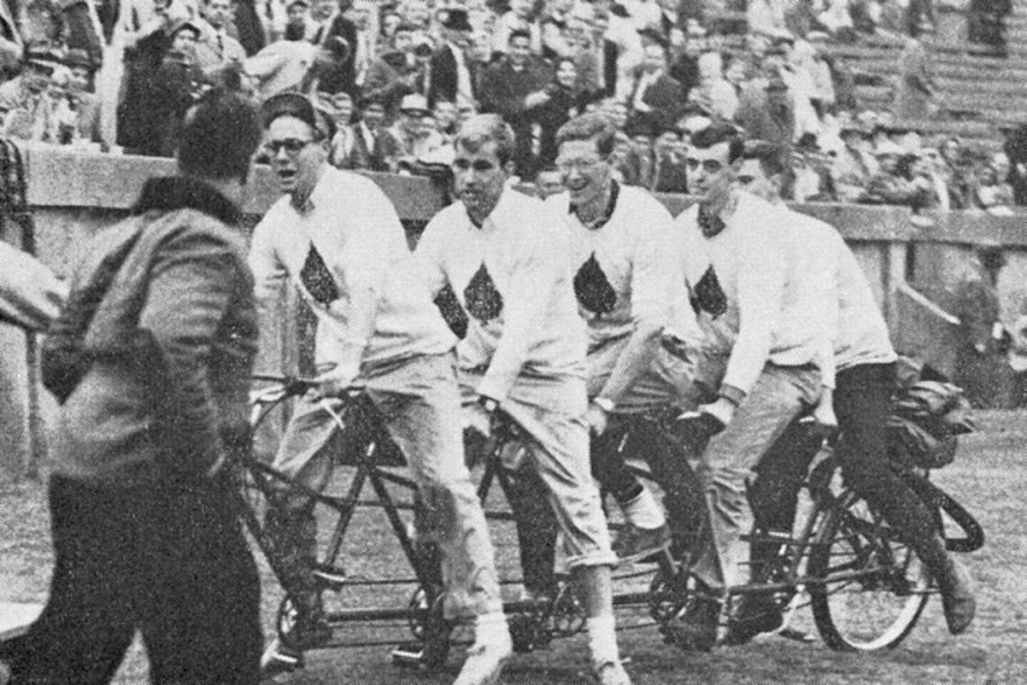 The Ivy five failed in their attempt to cycle to the Yale game, but that didnât stop them from taking a victory lap. (PAW Archives)