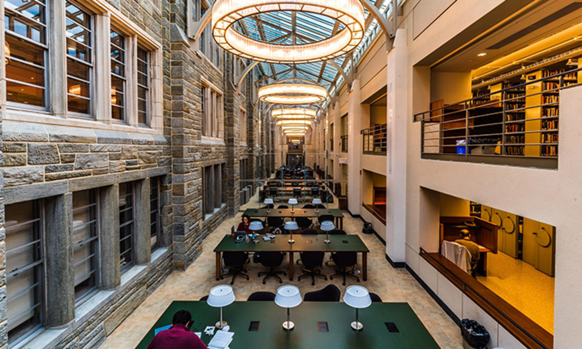 This is a photo of tables and lamps in Firestone Library.