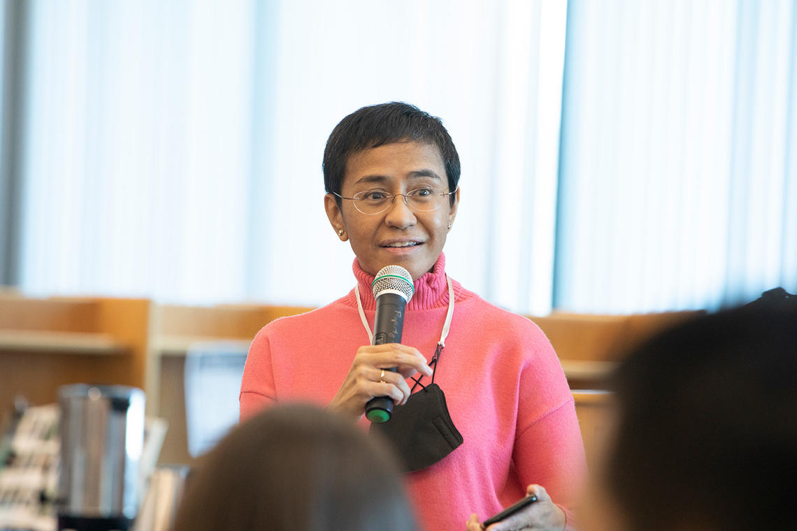 Maria Ressa speaking at Toms River North High in New Jersey in 2022. 