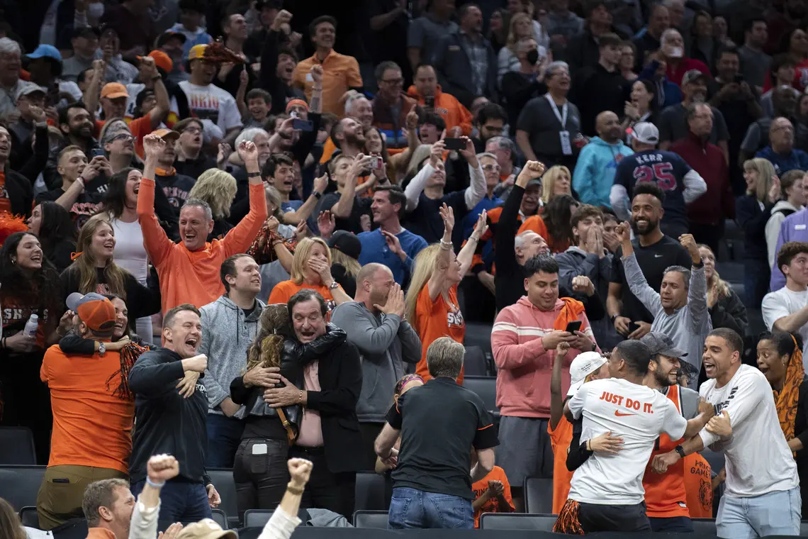 Princeton fans cheer as Princeton upsets Arizona, 59-55, in the NCAA Tournament in Sacramento, Calif., Thursday, March 16, 2023. 