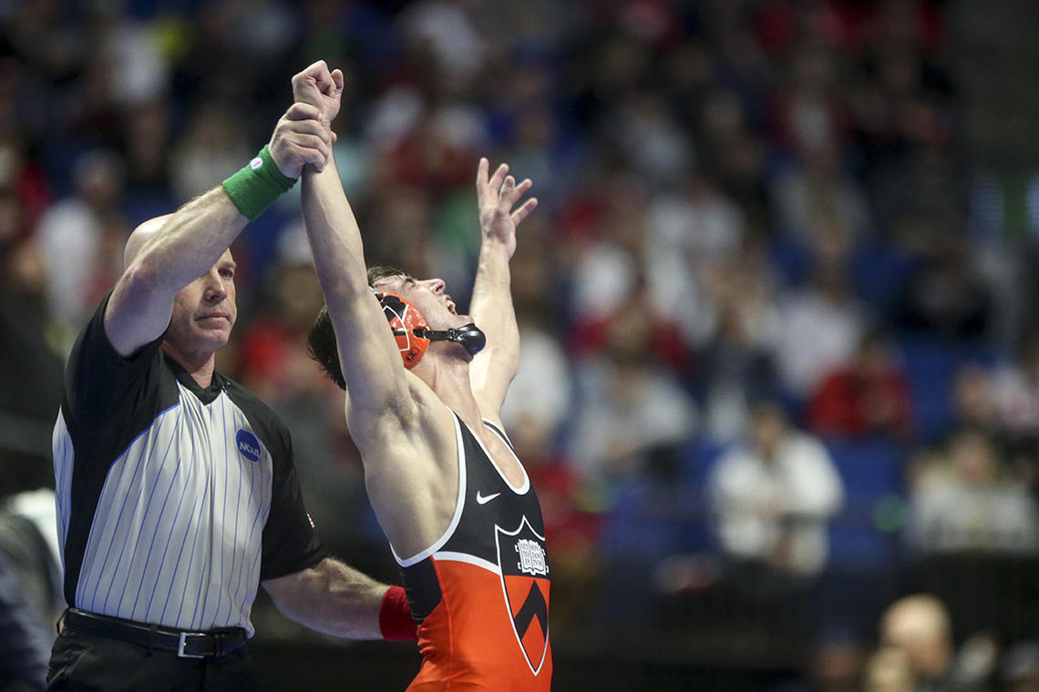 Princeton’s Pat Glory celebrates his NCAA semifinal win 