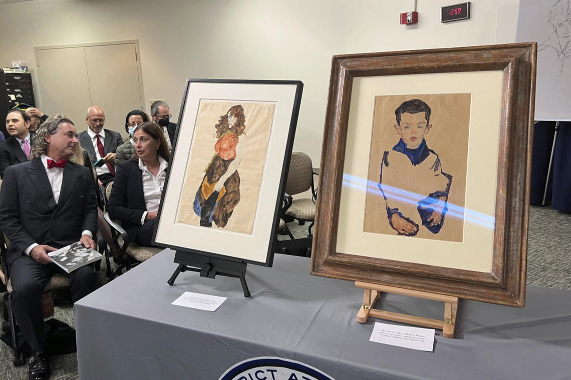 Works of art by Austrian artist Egon Schiele on display at the Manhattan District Attorney's Office