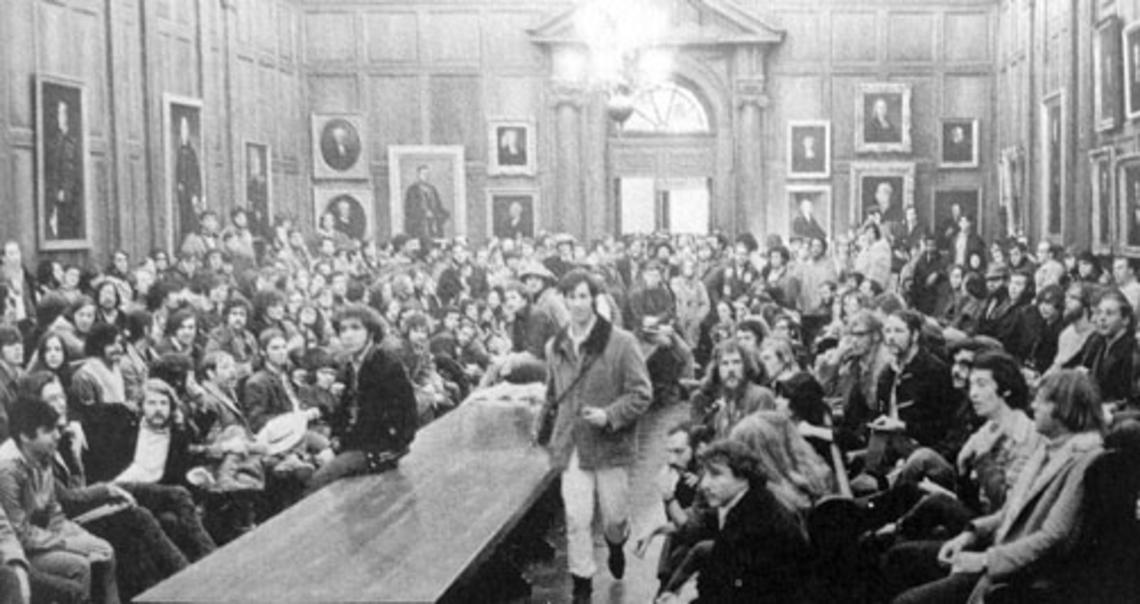 Student activists and supporters are shown at a meeting in the Faculty Room of Nassau Hall — one of several events following the Walter Hickel incident. Barry Wechsler ’73 took this photo, which ran in the April 28, 1970, PAW.