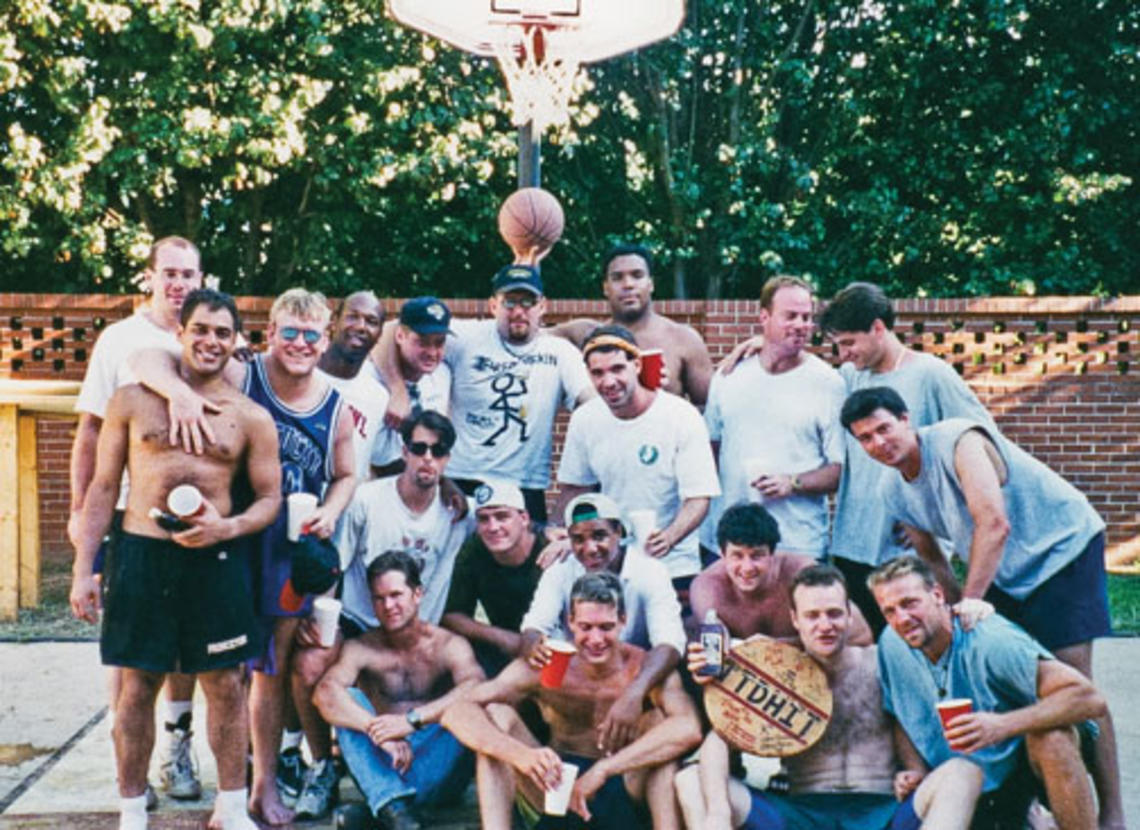 In 1997, when this photo was taken, a group of alumni founded a nonprofit that organizes sports programs for ­middle-schoolers. In the front row sitting, from left: Joel Sharp ’91, John Richard, Justin Long ’91, Thomas Bevan ’91; second row sitting