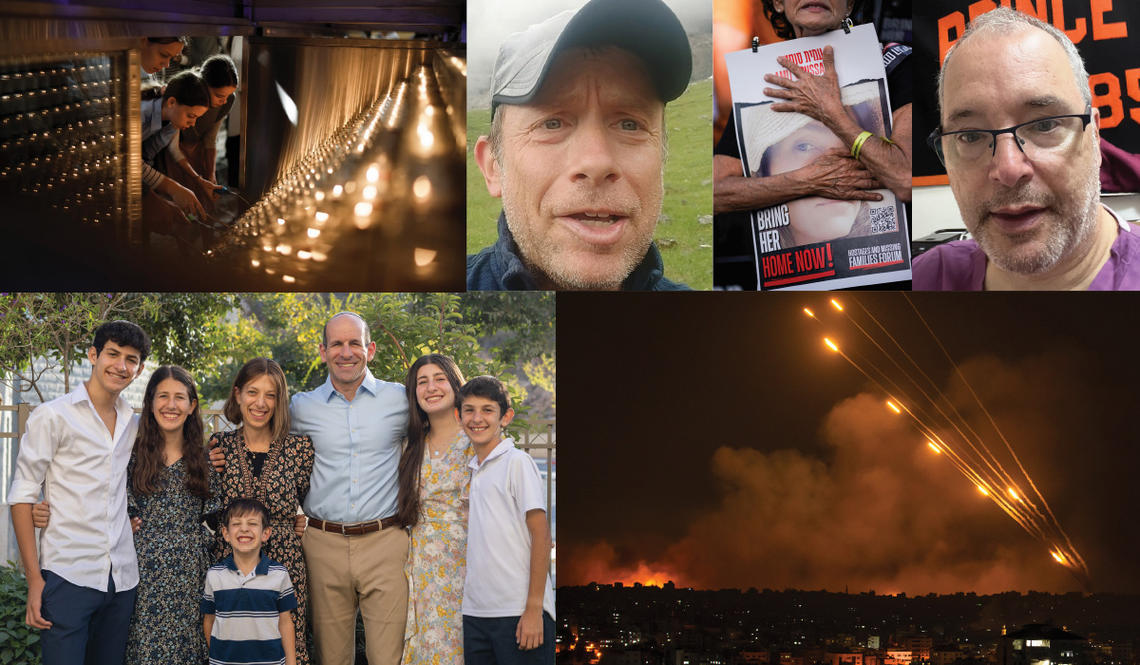 A collage of photos of Princetonians in Israel and AP photos from the conflict showing people lighting candles and rockets flying.