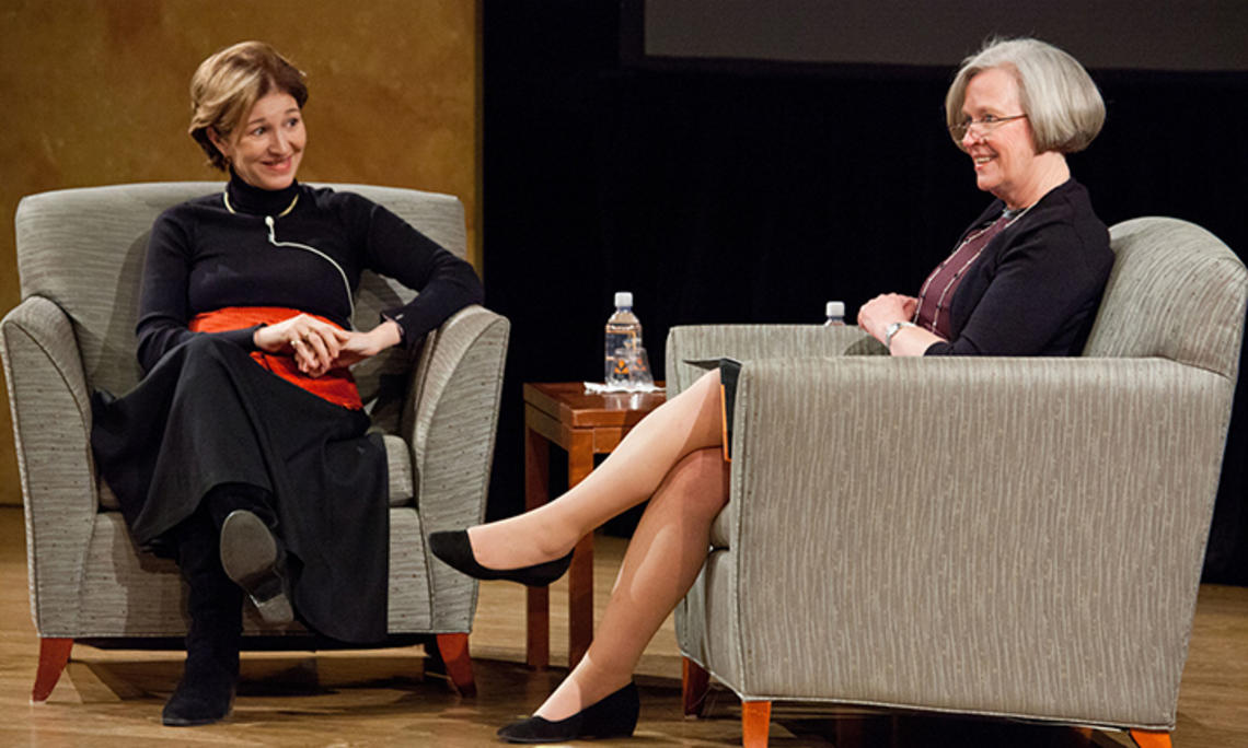 President Shirley M. Tilghman and Anne-Marie Slaughter ’80 sit and talk on a stage.