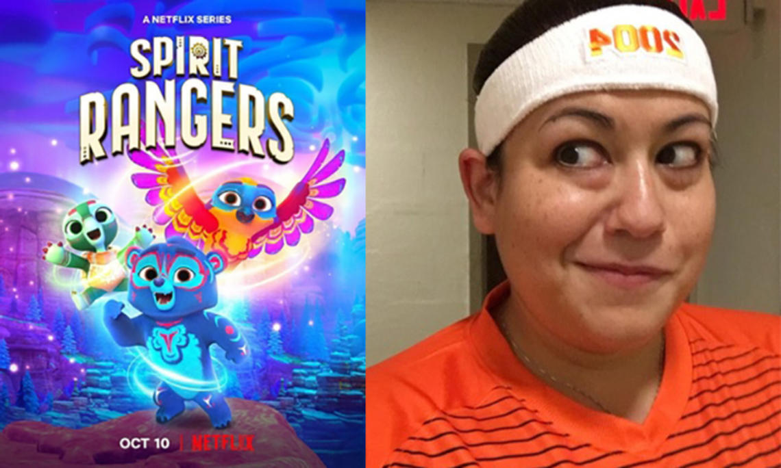 The left side is a poster for Spirit Rangers, showing the characters as brightly colored animals; the right side is Carlee Malemute ’04.