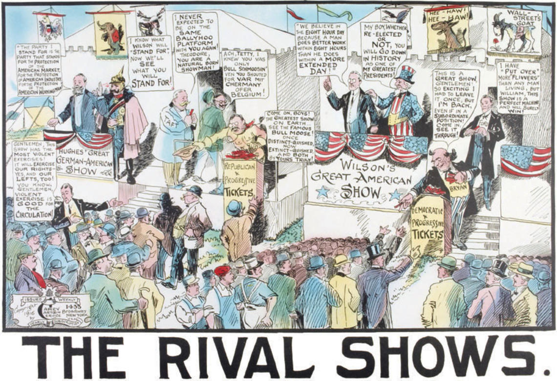 This 1916 drawing from the Carey Cartoon Service depicts politics as a carnival. The cartoon delivers many images and punchlines, depicting Woodrow Wilson, Republican Charles Evans Hughes, and Theodore Roosevelt, among others.