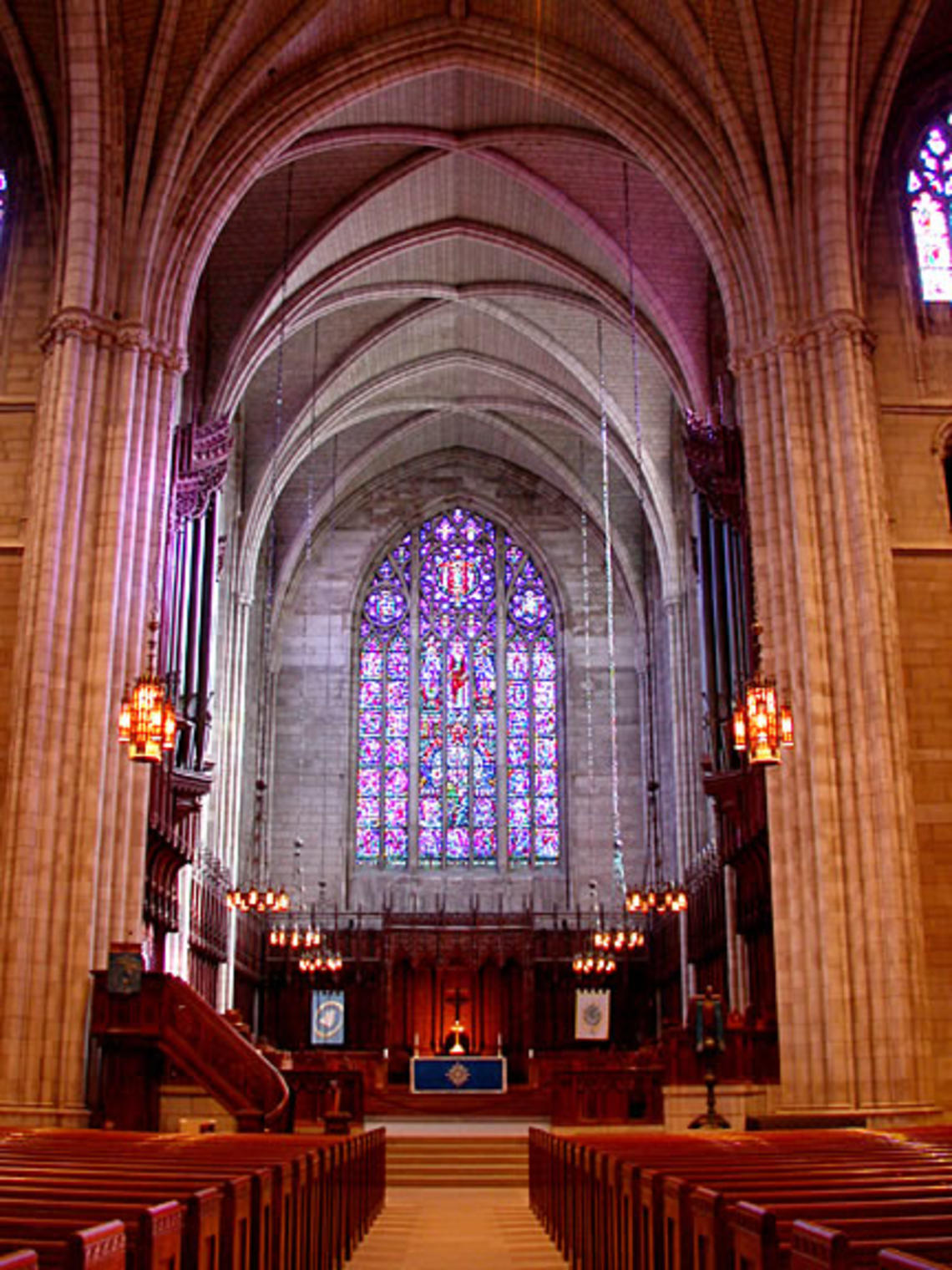 The University Chapel's stained glass balances the rationalism of the academy and the spiritualism of Christianity.