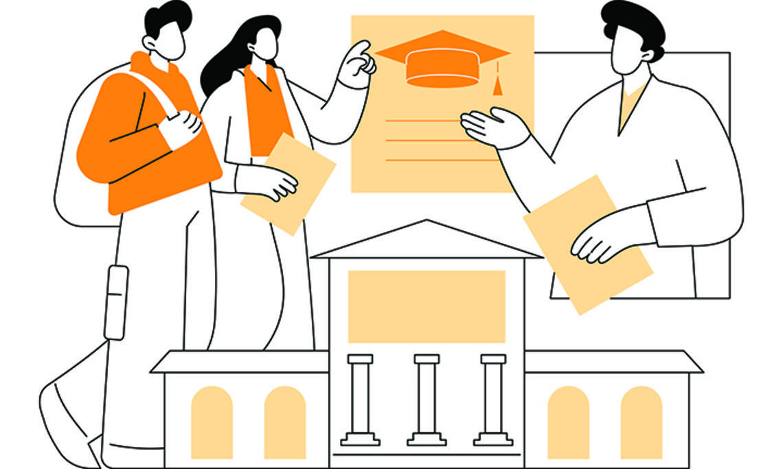 Illustration of a man and a woman wearing orange and talking with a college consultant who's gesturing toward an orange graduation cap/mortarboard. 