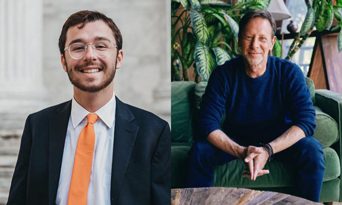 The left side of this photo is a headshot of Andrew White ’23; the right side is a photo of Pete Muller ’85.