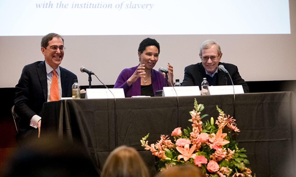 DanielleAllen.jpg Danielle Allen ’93 sits between Princeton President Christopher Eisgruber ’83 and Eric Foner of Columbia University, during "The Princeton and Slavery Project: How It Changes Our Understanding of American History and Poses a Challenge to Historical Commemoration,” in 2017.