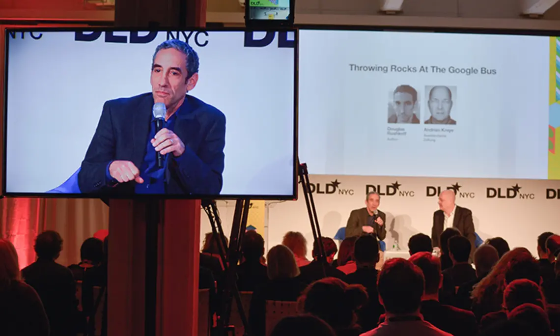 Douglas Rushkoff ’83 speaks at the DLDnyc Conference in 2016. 