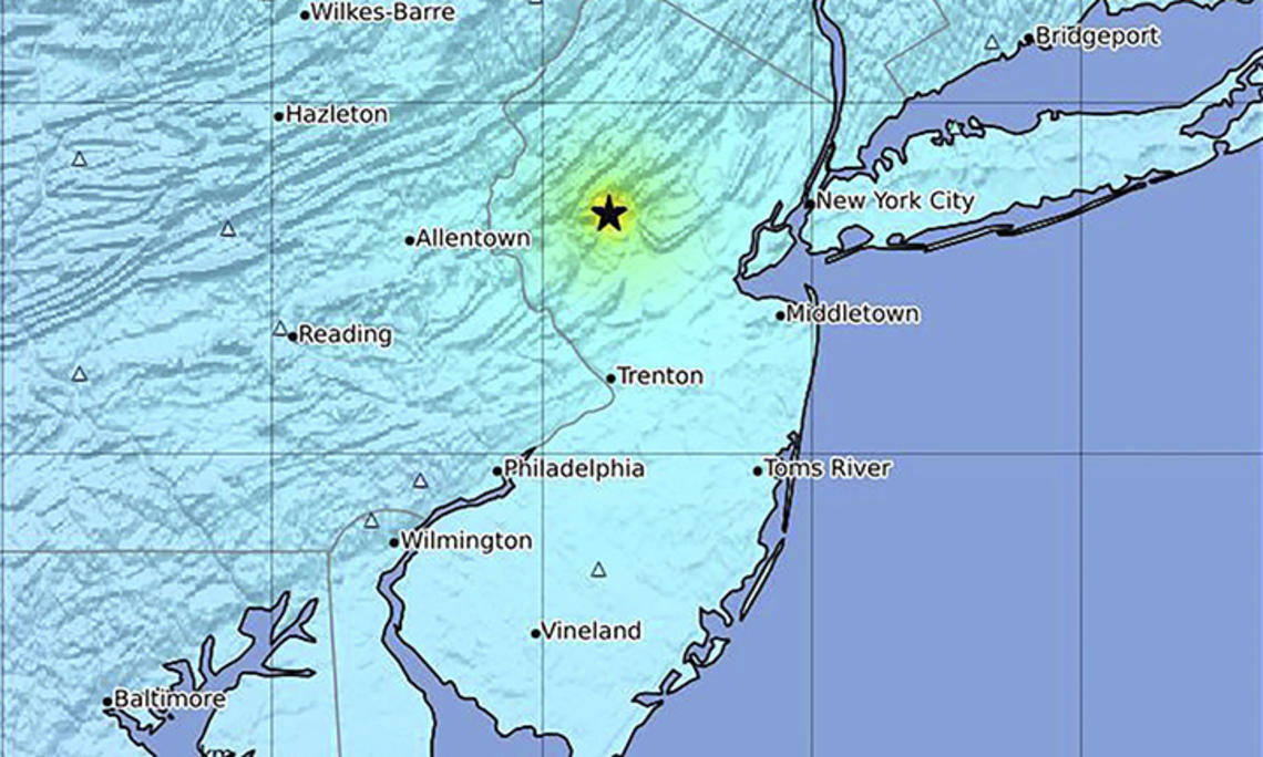 Map of New Jersey and surrounding area with a star over the spot where the earthquake happened near Whitehouse Station.