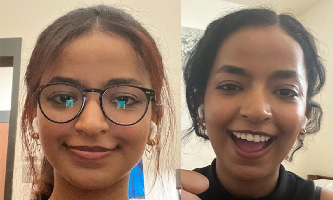 Two headshot photos of Misrach Ewunetie ’24, one with glasses, one without.