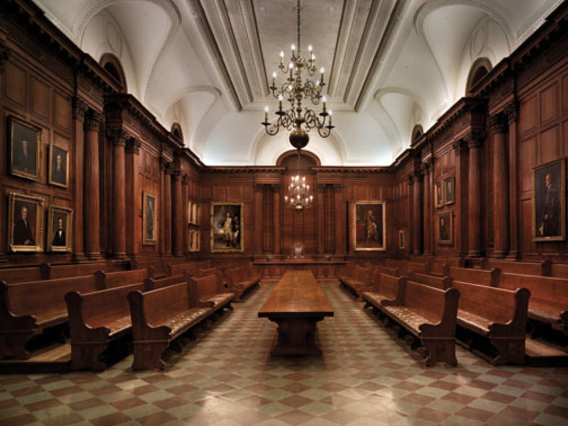 View of the interior of the Faculty Room in Nassau Hall. Below, portraits in the southeast corner of the room, including the large painting by Charles Willson Peale, “George Washington at the Battle of Princeton.”