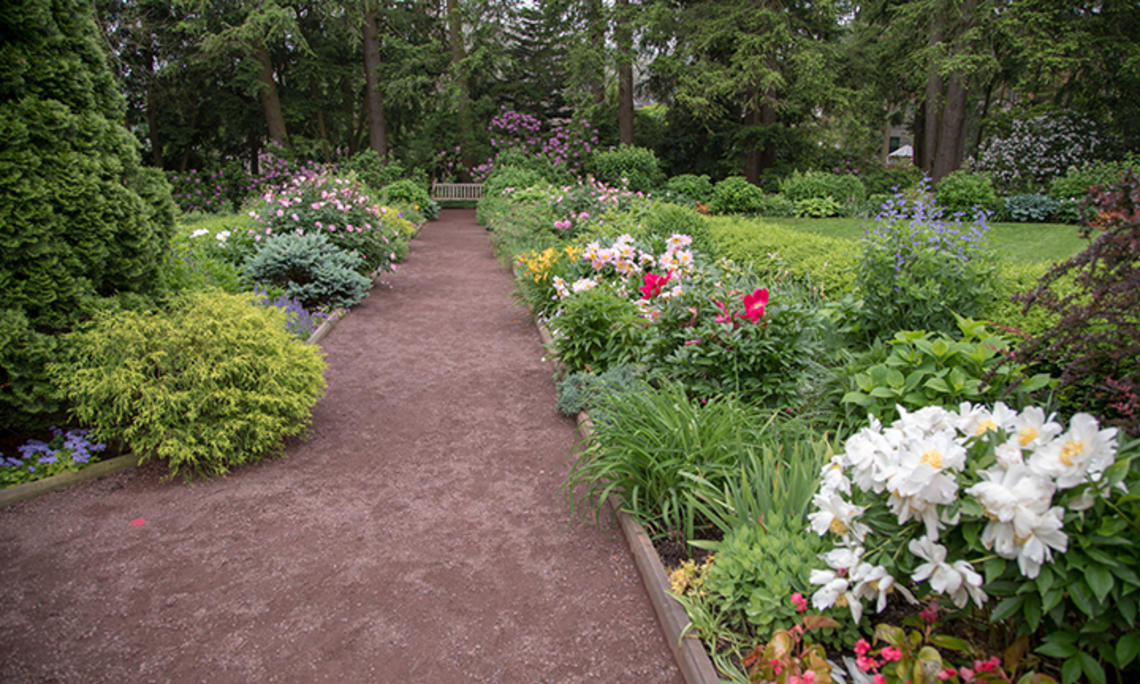 A path covered in reddish gravel leads past flowers to a wood bench.