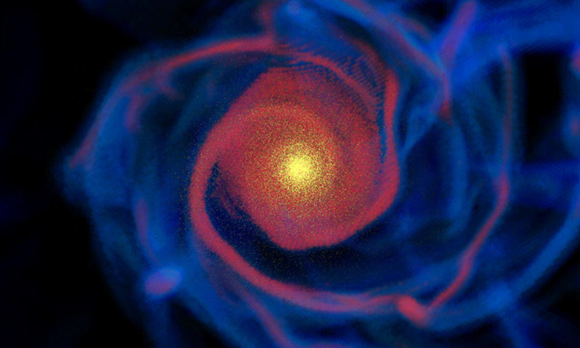 This is a mock image of a simulated galaxy at high redshift, showing stars (yellow dots), cold molecular hydrogen gas (pink).