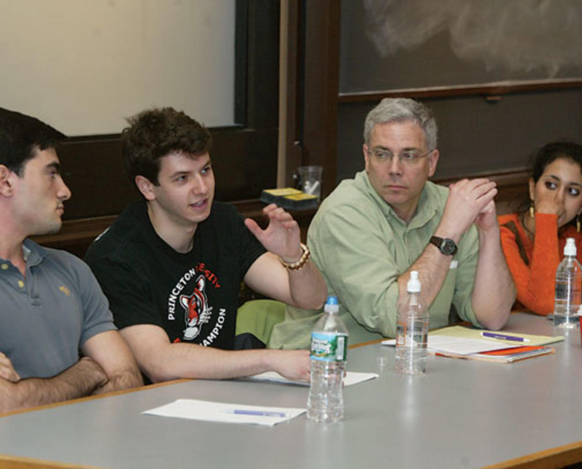 Members of the Freshmen Rush Policy Implementation Committee spoke with students attending an April 2 forum. From left are Arda Bozyigit ’12, Jake Nebel ’13, Professor William A. Gleason, and Shreya Murthy ’13.