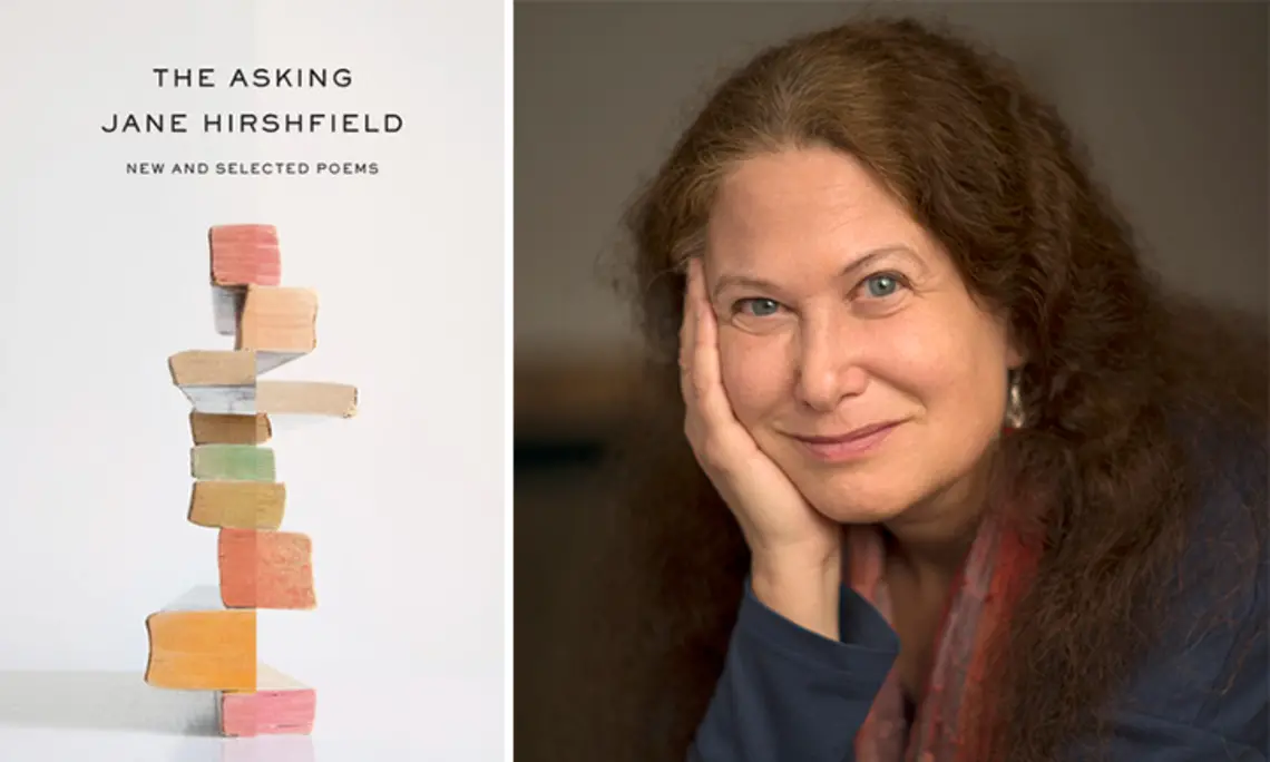 Right, a photo of Jane Hirshfield ’73; left, the cover of her new book, "The Asking: New and Selected Poems," featuring a photo of stacked books, each one with the edges of its pages painted a different color.