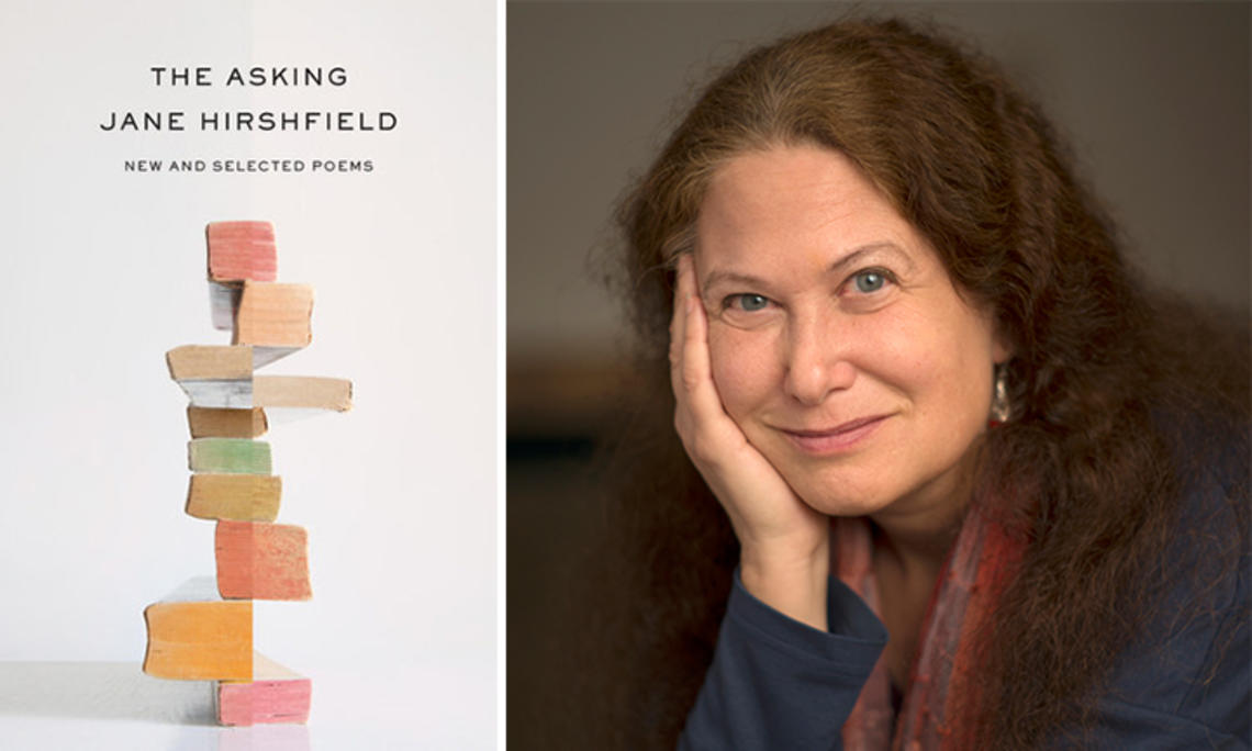 Right, a photo of Jane Hirshfield ’73; left, the cover of her new book, "The Asking: New and Selected Poems," featuring a photo of stacked books, each one with the edges of its pages painted a different color.