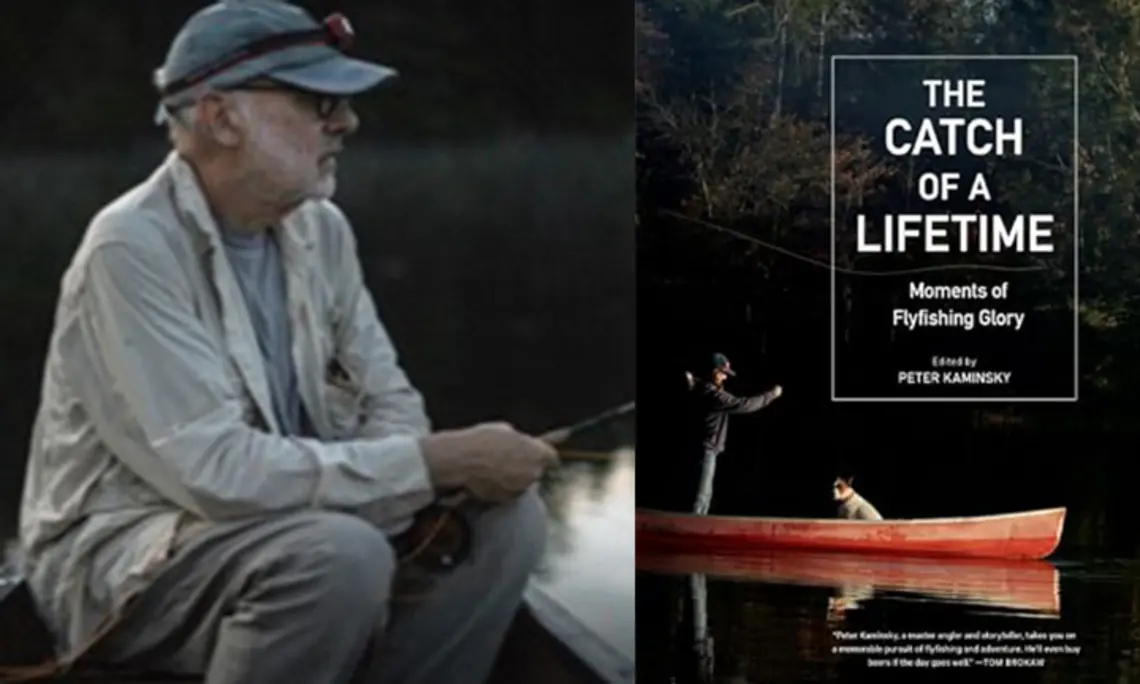 Kaminsky_forweb.jpg Left, Peter Kaminsky fishing in a rowboat. Right, the cover of his book, The Catch of a Lifetime, featuring a man and a dog in a red rowboat.