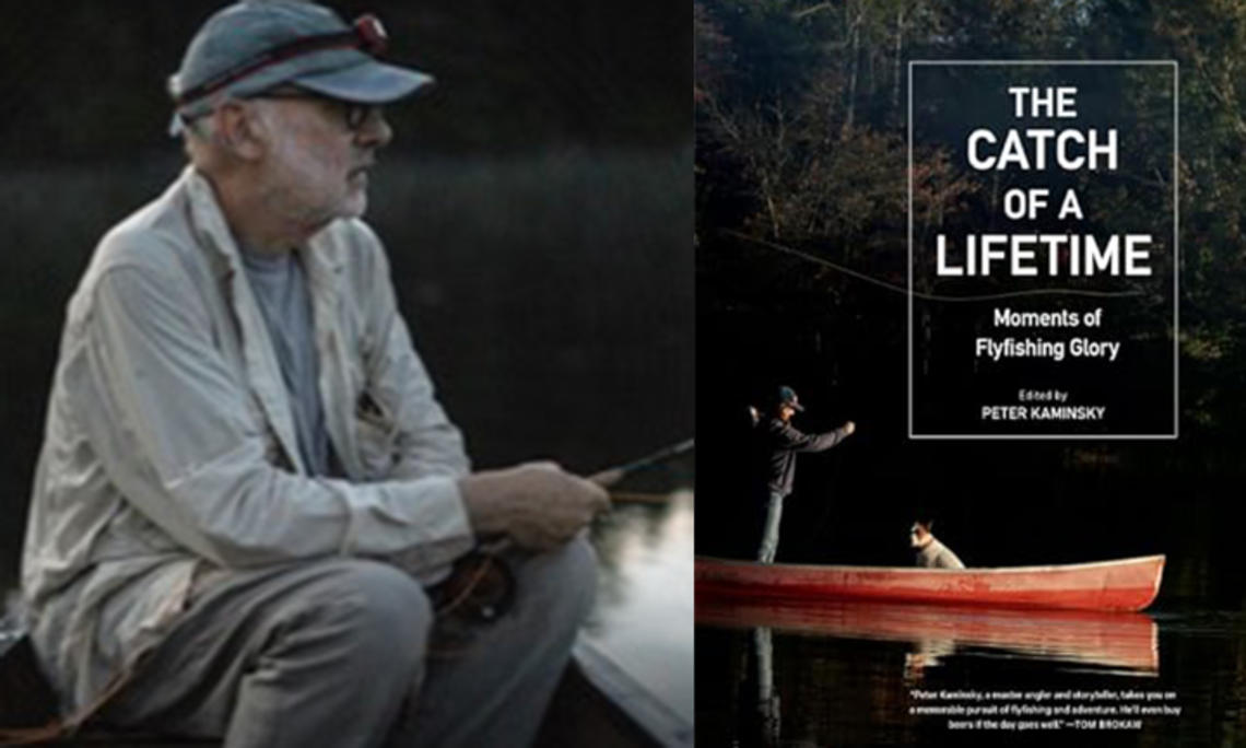 Kaminsky_forweb.jpg Left, Peter Kaminsky fishing in a rowboat. Right, the cover of his book, The Catch of a Lifetime, featuring a man and a dog in a red rowboat.