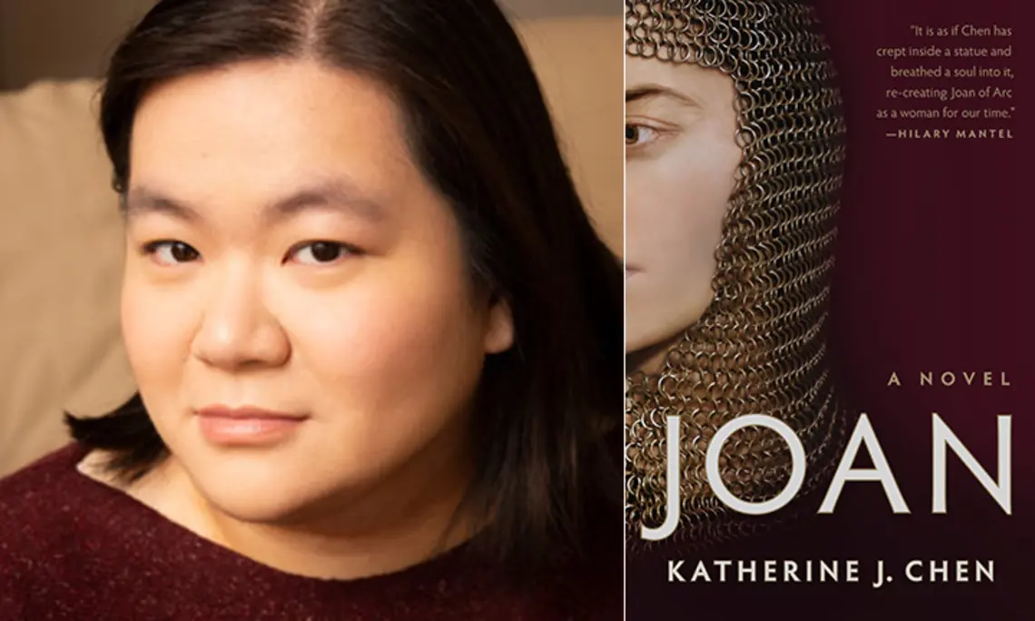 The left side of this image is a headshot photo of Katherine Chen; the right side is the cover of her book, Joan, featuring Joan of Arc's head wearing chain mail.