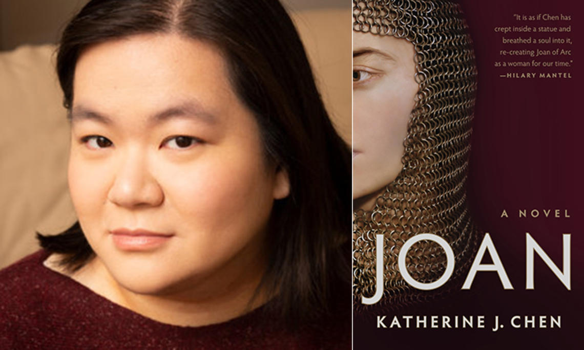 The left side of this image is a headshot photo of Katherine Chen; the right side is the cover of her book, Joan, featuring Joan of Arc's head wearing chain mail.