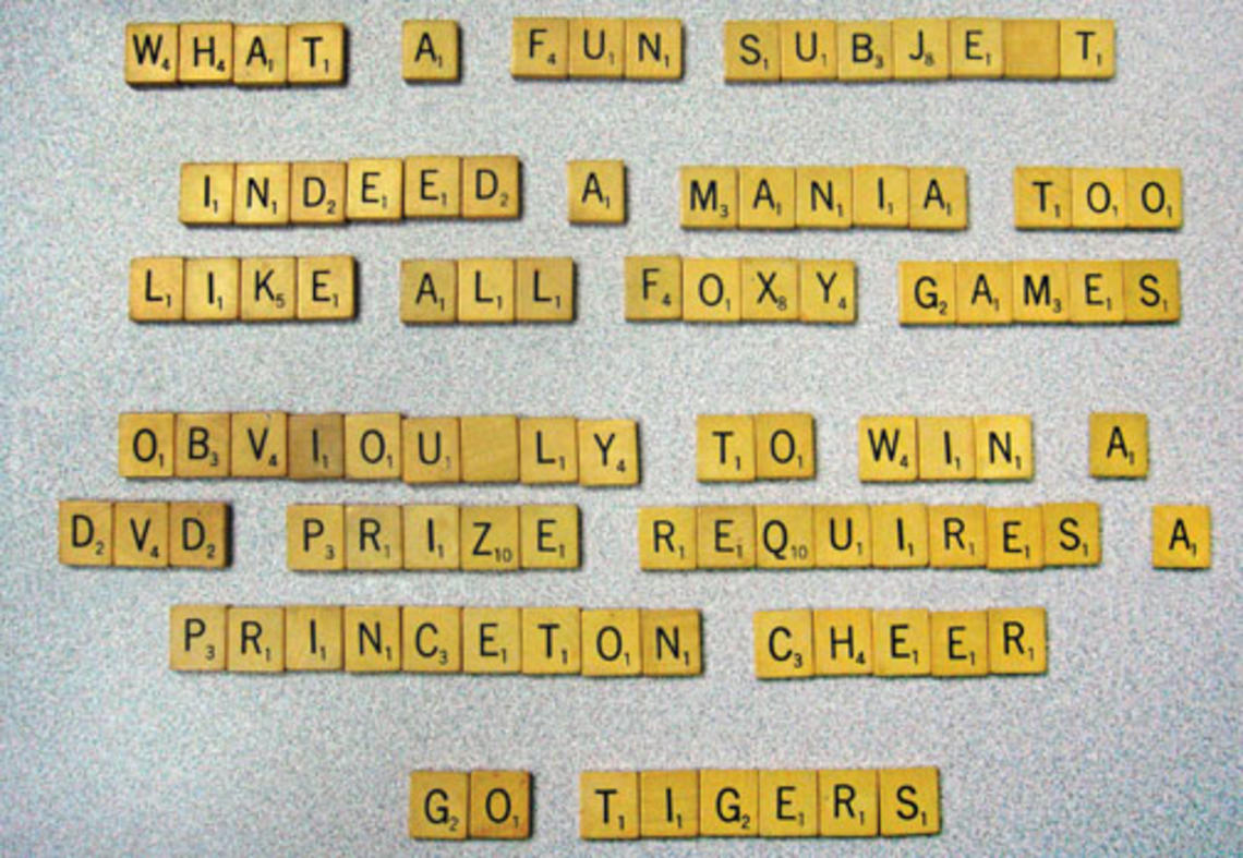 LIVE.AS_ScrabbleALT.jpg The winning entry in PAW’s constrained-writing contest was submitted by Justin Werfel ’99 (below left), who used all the tiles in a Scrabble set (including two blanks) exactly once.