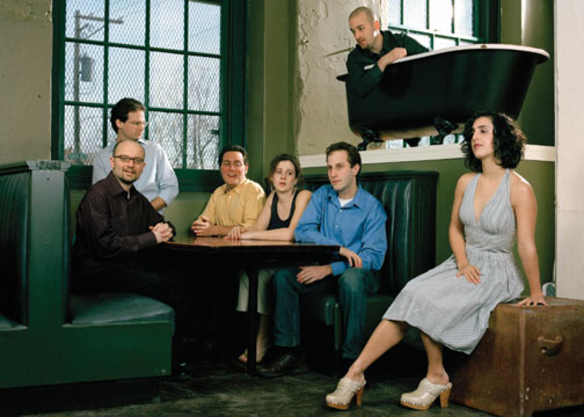 Graduate student Judd Greenstein, in yellow, founded a record label to promote his chamber group, NOW Ensemble, above, and other “indie classical” musicians. To Greenstein’s right is graduate student Mark Dancigers.